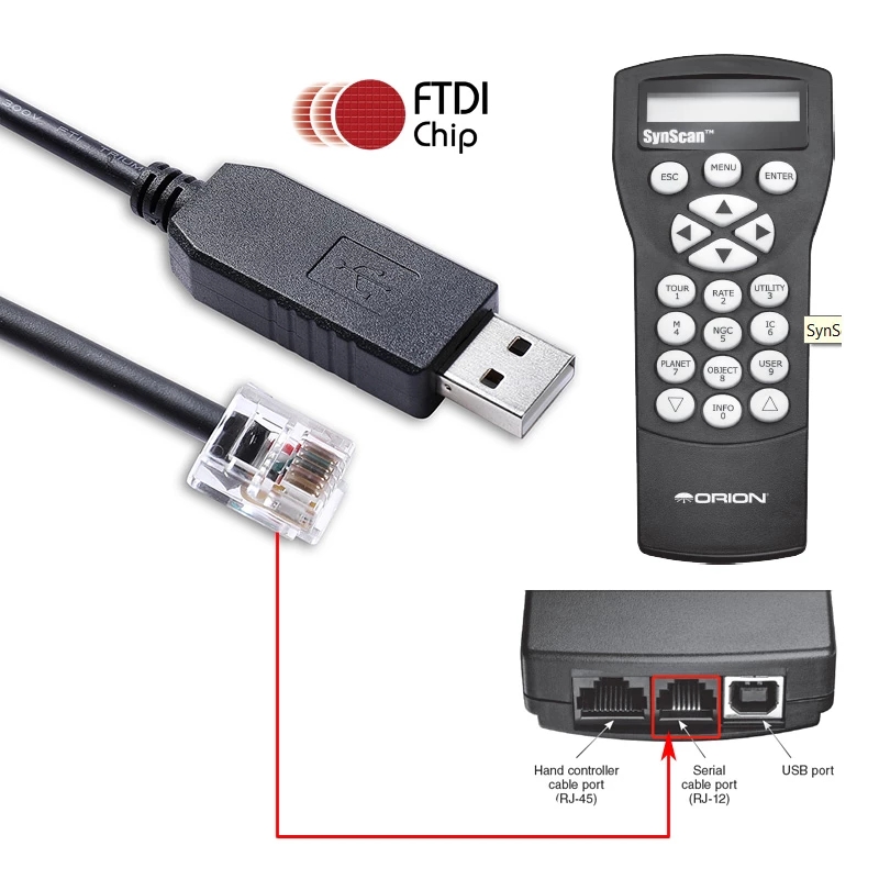 Orion Synscan GoTo Hand Controller PC Link Upgrade Cable FTDI USB RS232 Serial to RJ12 6P6C Firmware